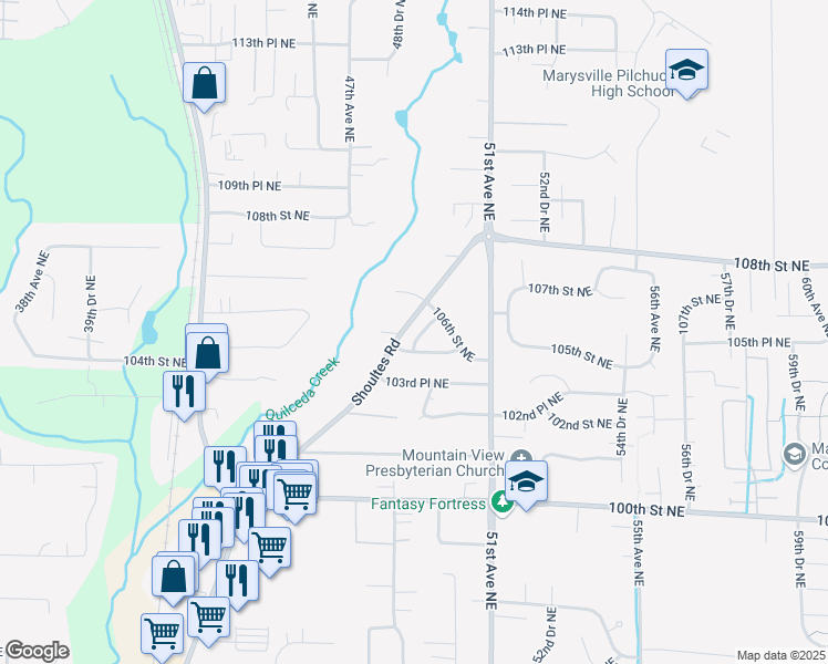 map of restaurants, bars, coffee shops, grocery stores, and more near 10432 48th Drive Northeast in Marysville