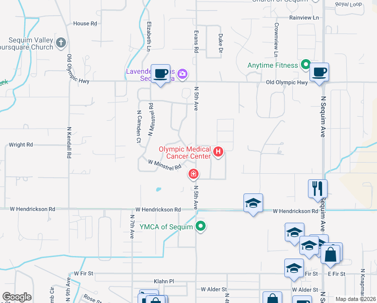 map of restaurants, bars, coffee shops, grocery stores, and more near 861 North Littlejohn Way in Sequim