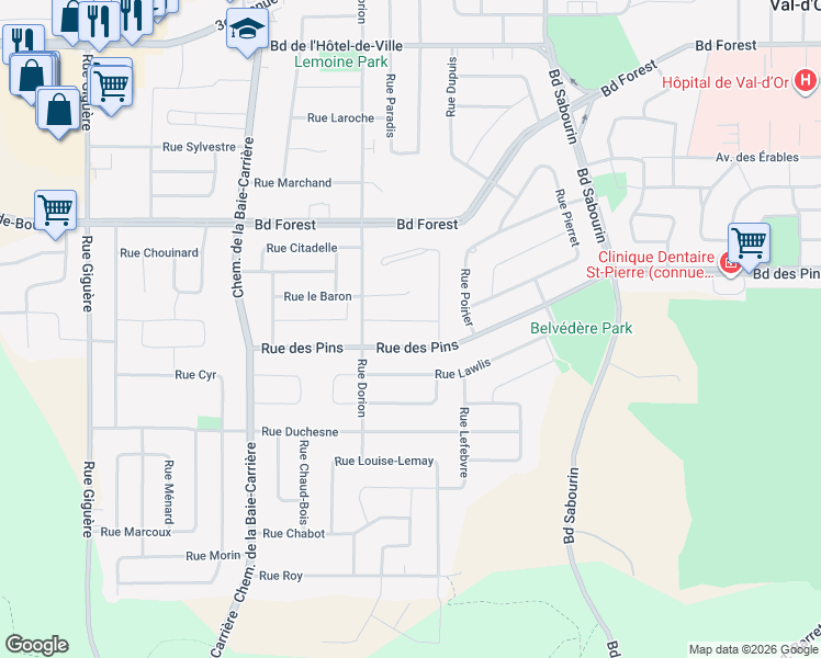 map of restaurants, bars, coffee shops, grocery stores, and more near 1647 Rue Bellevue in Val-d'Or