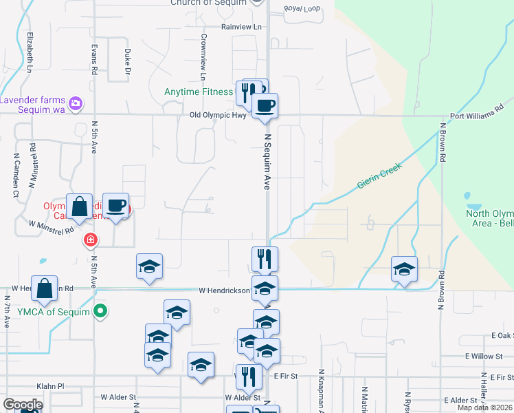 map of restaurants, bars, coffee shops, grocery stores, and more near 847 North Sequim Avenue in Sequim