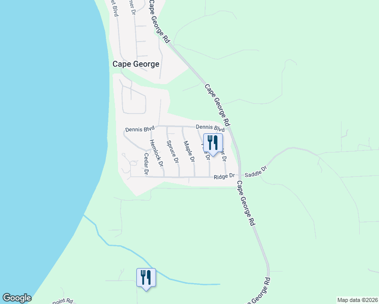 map of restaurants, bars, coffee shops, grocery stores, and more near Maple Drive in Cape George