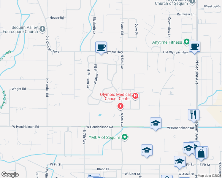 map of restaurants, bars, coffee shops, grocery stores, and more near 861 North Littlejohn Way in Sequim
