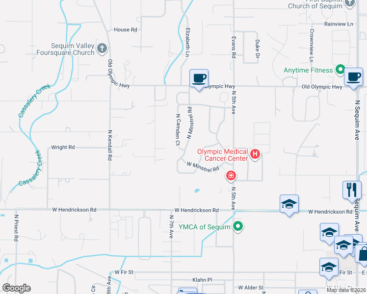 map of restaurants, bars, coffee shops, grocery stores, and more near 833 West Stratford Way in Sequim