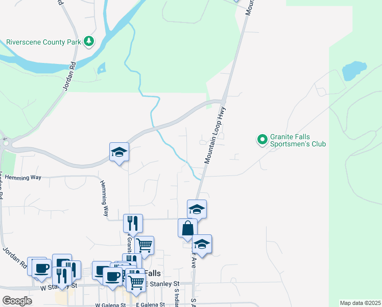 map of restaurants, bars, coffee shops, grocery stores, and more near 711 North Indiana Avenue in Granite Falls