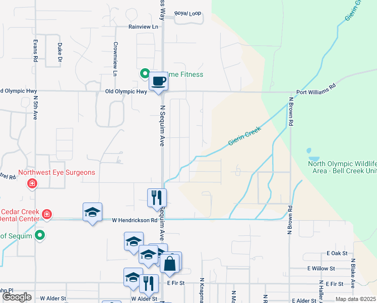 map of restaurants, bars, coffee shops, grocery stores, and more near 974 North Sequim Avenue in Sequim