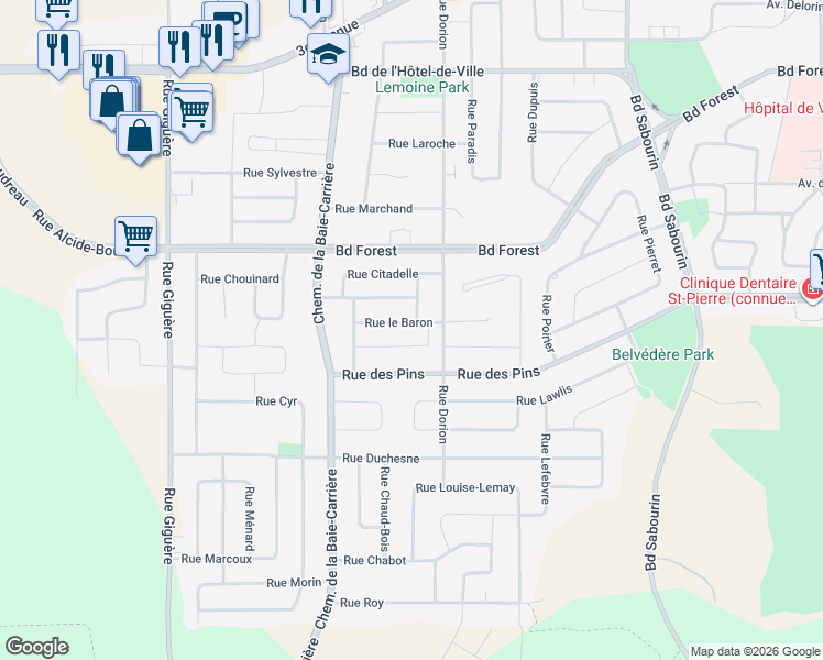 map of restaurants, bars, coffee shops, grocery stores, and more near 1725 Rue le Baron in Val-d'Or