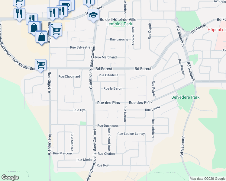 map of restaurants, bars, coffee shops, grocery stores, and more near 1737 Rue le Baron in Val-d'Or