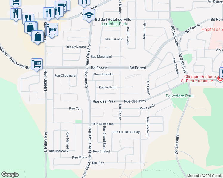 map of restaurants, bars, coffee shops, grocery stores, and more near 1725 Rue le Baron in Val-d'Or