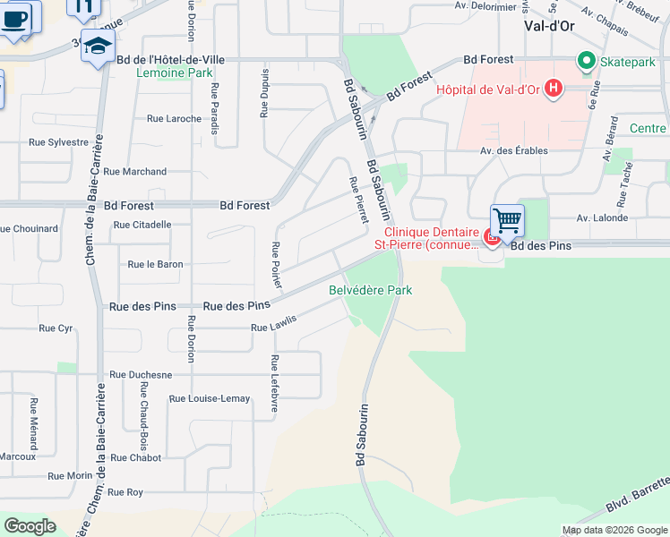 map of restaurants, bars, coffee shops, grocery stores, and more near 10 Rue Pauzé in Val-d'Or