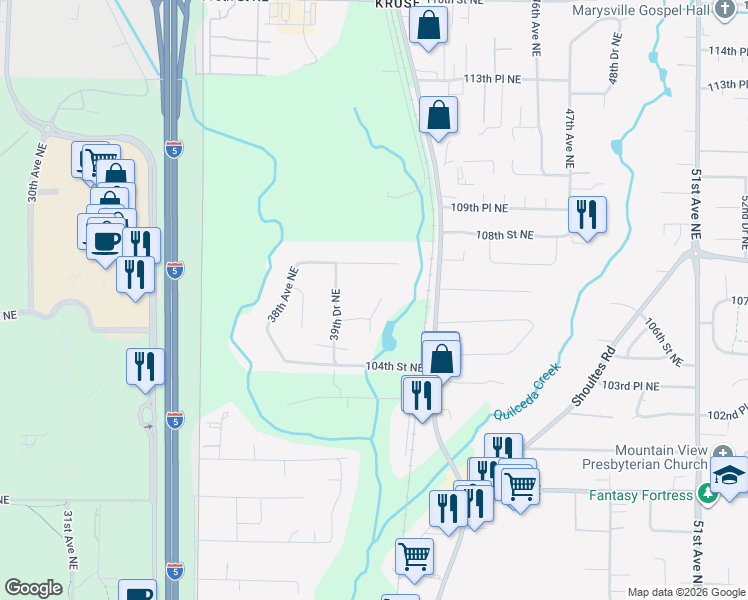 map of restaurants, bars, coffee shops, grocery stores, and more near 10532 41st Avenue Northeast in Marysville