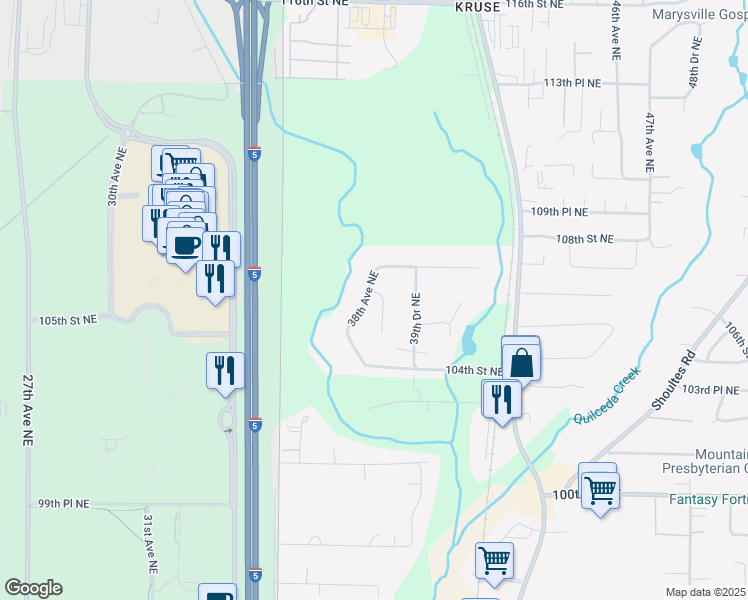 map of restaurants, bars, coffee shops, grocery stores, and more near 10612 38th Drive Northeast in Marysville