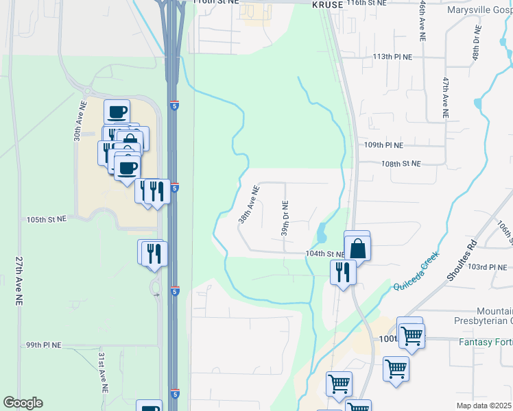 map of restaurants, bars, coffee shops, grocery stores, and more near 10612 38th Drive Northeast in Marysville