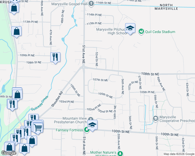 map of restaurants, bars, coffee shops, grocery stores, and more near 5221 107th Street Northeast in Marysville