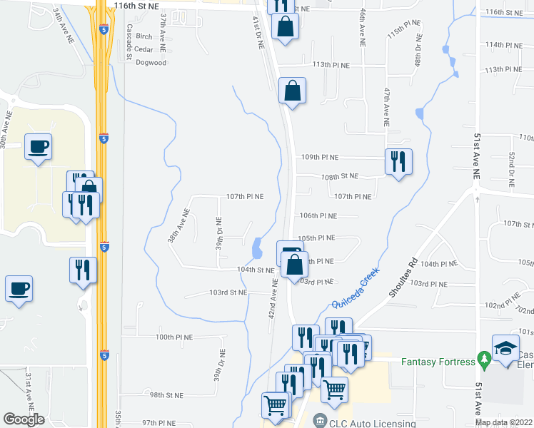 map of restaurants, bars, coffee shops, grocery stores, and more near 10617 41st Avenue Northeast in Marysville