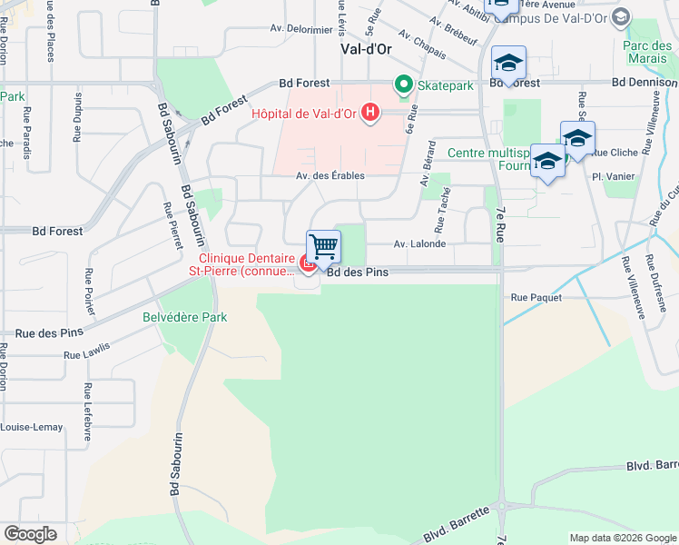 map of restaurants, bars, coffee shops, grocery stores, and more near 979 Boulevard des Pins in Val-d'Or