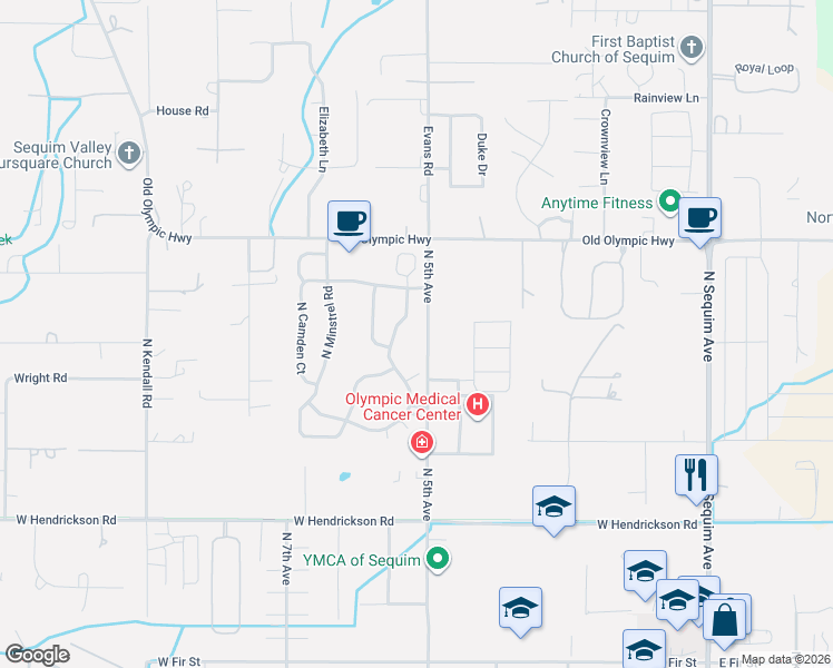 map of restaurants, bars, coffee shops, grocery stores, and more near 924 North Littlejohn Way in Sequim