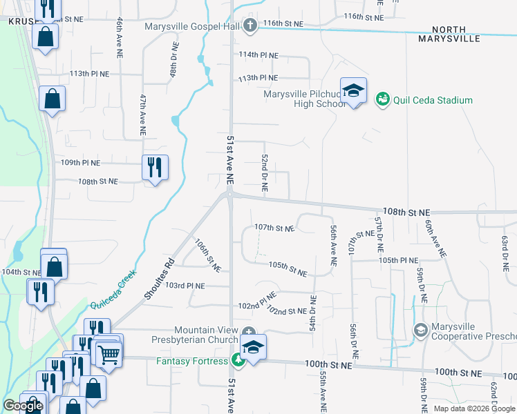 map of restaurants, bars, coffee shops, grocery stores, and more near 5221 107th Street Northeast in Marysville