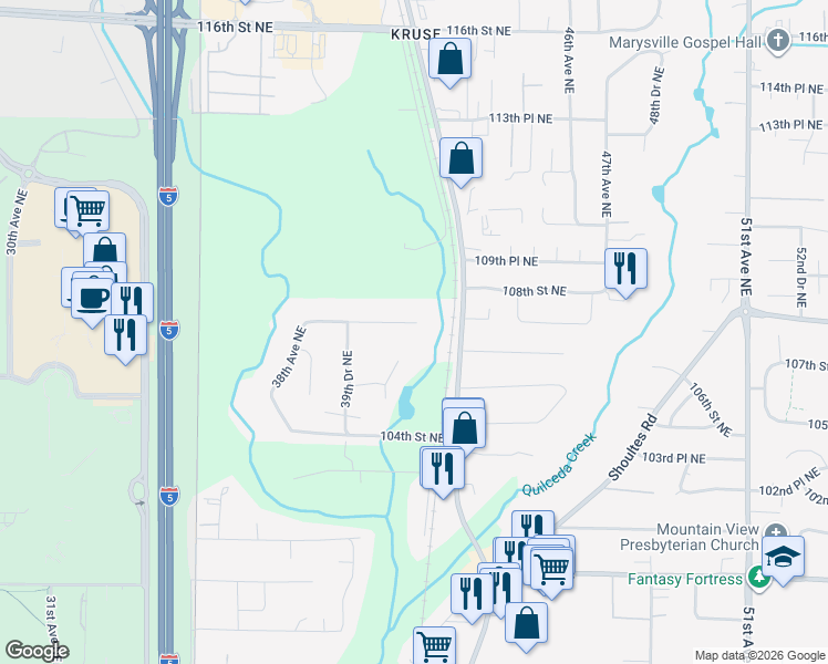map of restaurants, bars, coffee shops, grocery stores, and more near 10617 41st Avenue Northeast in Marysville