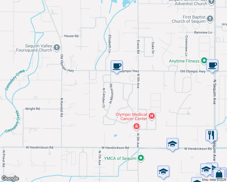 map of restaurants, bars, coffee shops, grocery stores, and more near 1016 North Minstrel Road in Sequim
