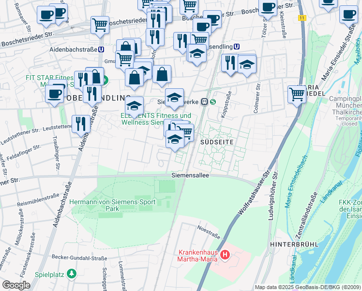 map of restaurants, bars, coffee shops, grocery stores, and more near 85 Baierbrunner Straße in München