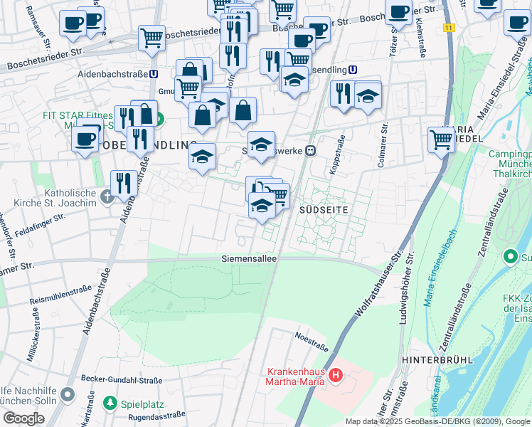 map of restaurants, bars, coffee shops, grocery stores, and more near 85 Baierbrunner Straße in München