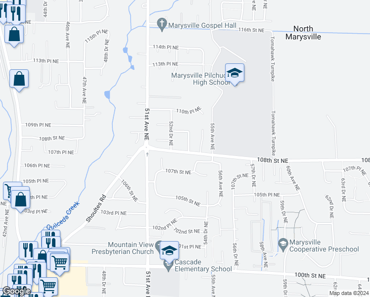 map of restaurants, bars, coffee shops, grocery stores, and more near 10806 53rd Drive Northeast in Marysville