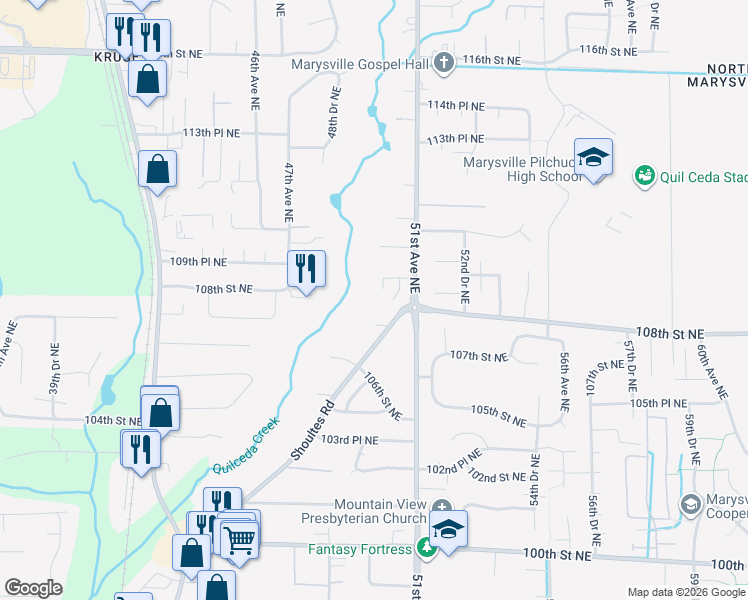 map of restaurants, bars, coffee shops, grocery stores, and more near 4926 109th Street Northeast in Marysville