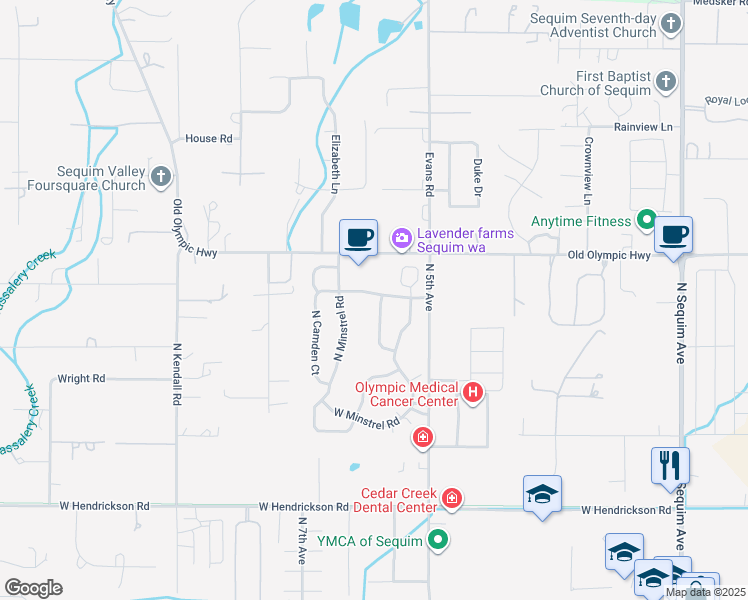 map of restaurants, bars, coffee shops, grocery stores, and more near 1023 Woolsey Court in Sequim