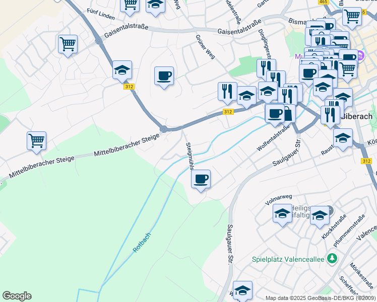 map of restaurants, bars, coffee shops, grocery stores, and more near 18 Steigmühlstraße in Biberach an der Riß