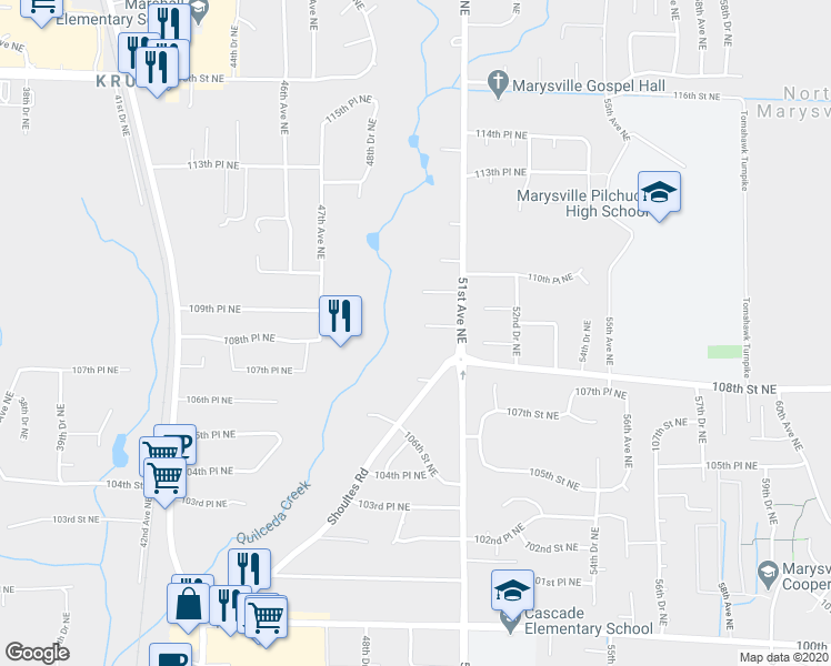 map of restaurants, bars, coffee shops, grocery stores, and more near 4926 109th Street Northeast in Marysville