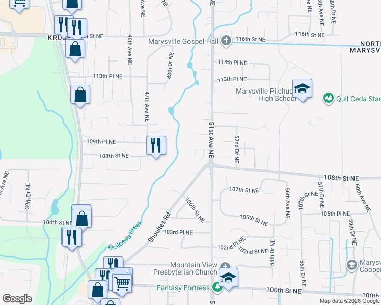 map of restaurants, bars, coffee shops, grocery stores, and more near 4926 109th Street Northeast in Marysville