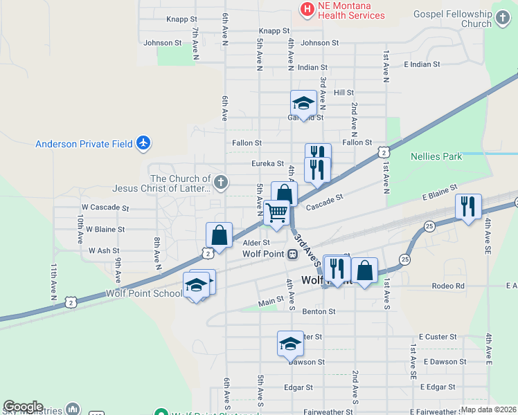 map of restaurants, bars, coffee shops, grocery stores, and more near U.S. 2 in Wolf Point