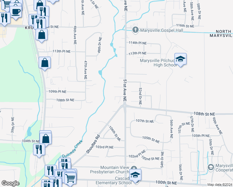 map of restaurants, bars, coffee shops, grocery stores, and more near 5005 109th Street Northeast in Marysville