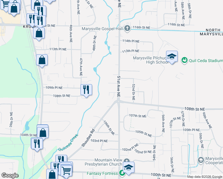 map of restaurants, bars, coffee shops, grocery stores, and more near 5005 109th Street Northeast in Marysville