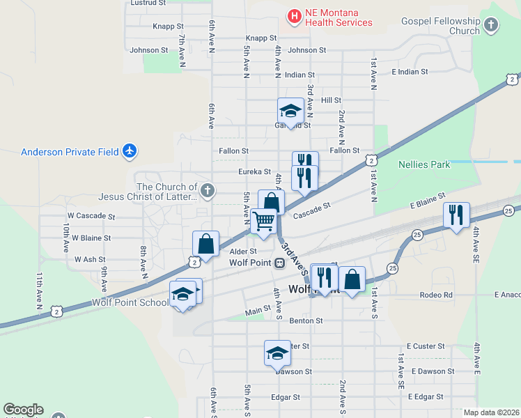 map of restaurants, bars, coffee shops, grocery stores, and more near 409 W Dayton St in Wolf Point