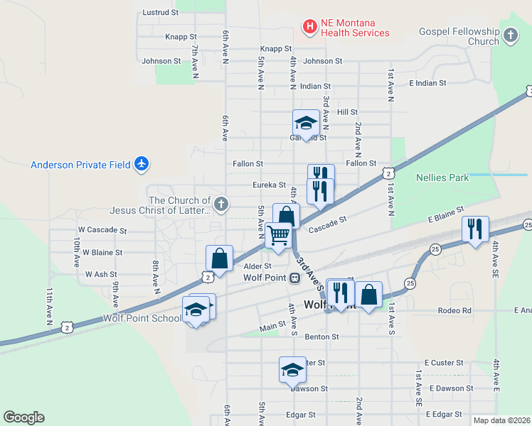 map of restaurants, bars, coffee shops, grocery stores, and more near 509 West Dayton Street in Wolf Point