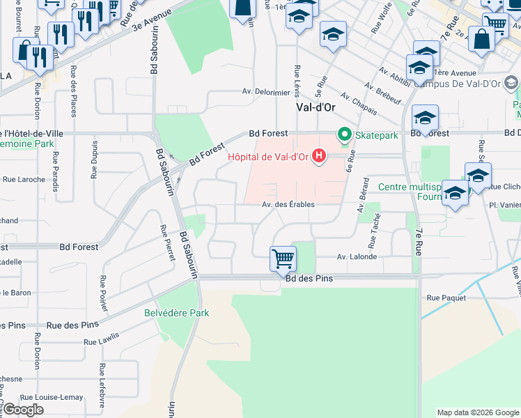 map of restaurants, bars, coffee shops, grocery stores, and more near 1039 Avenue des Érables in Val-d'Or