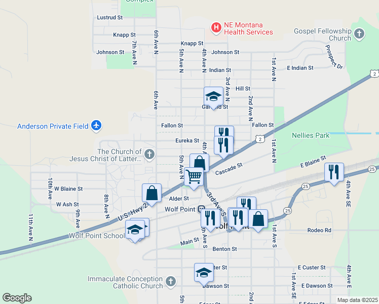 map of restaurants, bars, coffee shops, grocery stores, and more near 409 W Dayton St in Wolf Point