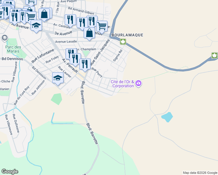 map of restaurants, bars, coffee shops, grocery stores, and more near 107 Avenue Perrault in Val-d'Or