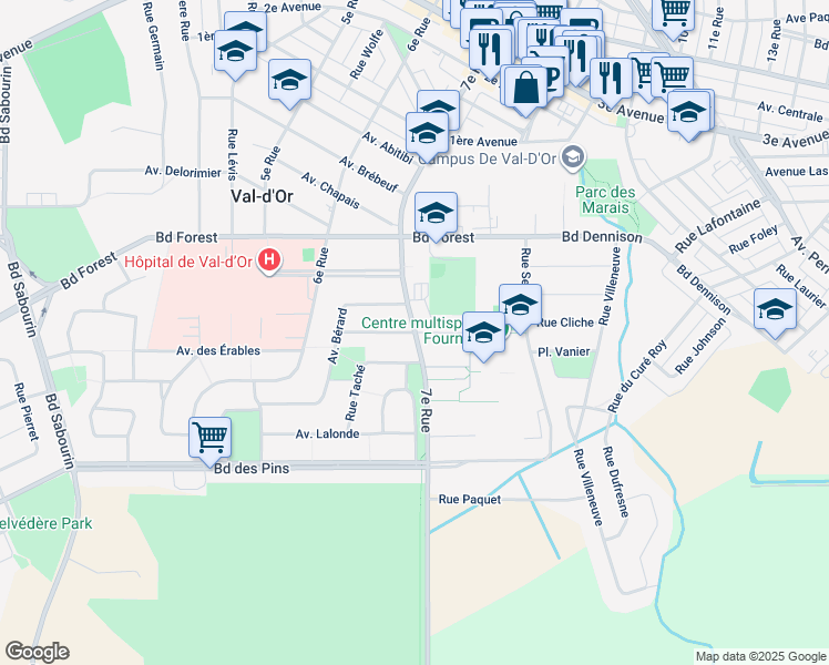 map of restaurants, bars, coffee shops, grocery stores, and more near 519 7e Rue in Val-d'Or