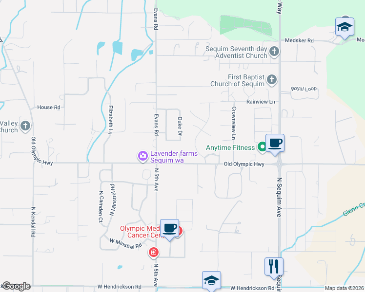 map of restaurants, bars, coffee shops, grocery stores, and more near 9785 Old Olympic Highway in Sequim