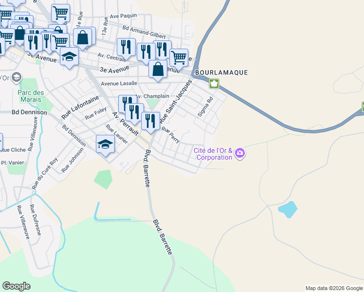 map of restaurants, bars, coffee shops, grocery stores, and more near 56 Rue Lemieux in Val-d'Or