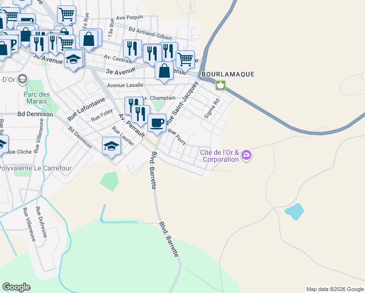 map of restaurants, bars, coffee shops, grocery stores, and more near 57 Rue Lemieux in Val-d'Or