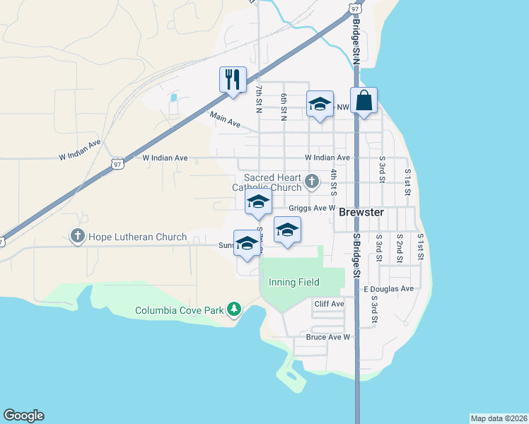 map of restaurants, bars, coffee shops, grocery stores, and more near 711 Griggs Avenue West in Brewster