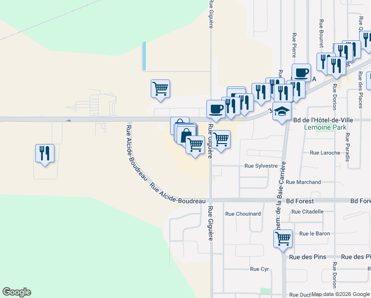 map of restaurants, bars, coffee shops, grocery stores, and more near 1801 3e Avenue in Val-d'Or