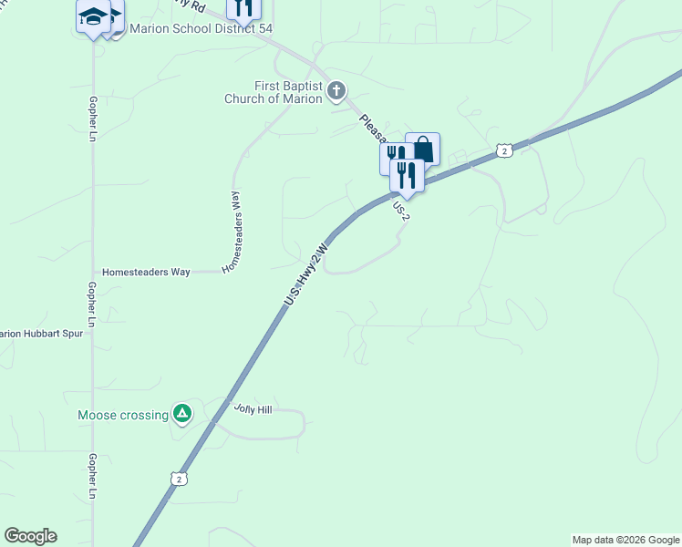 map of restaurants, bars, coffee shops, grocery stores, and more near 12845 US-2 in Marion