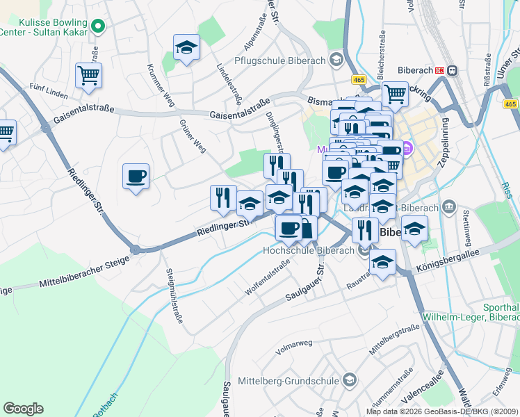 map of restaurants, bars, coffee shops, grocery stores, and more near 5/2 Hirschbergstraße in Biberach an der Riß