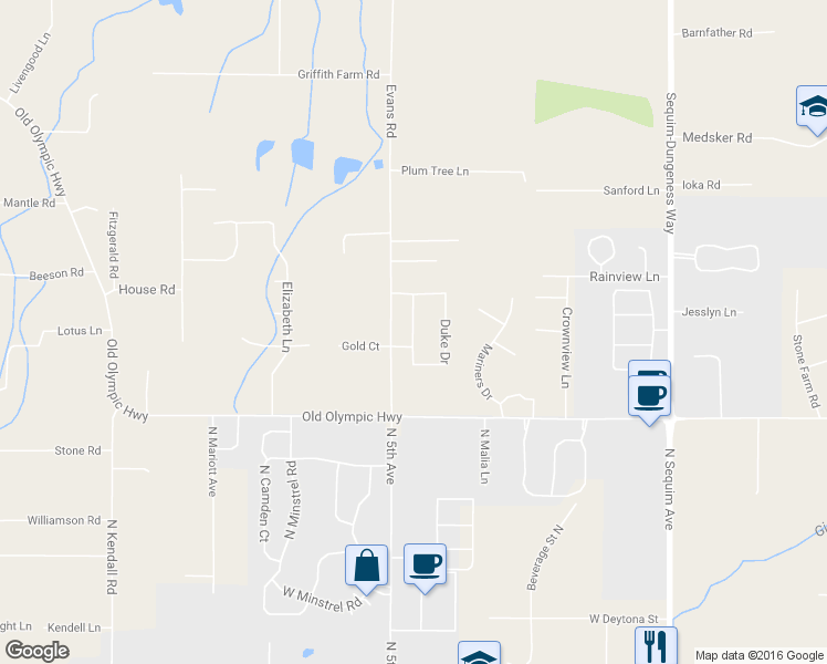 map of restaurants, bars, coffee shops, grocery stores, and more near 91 Duke Drive in Sequim