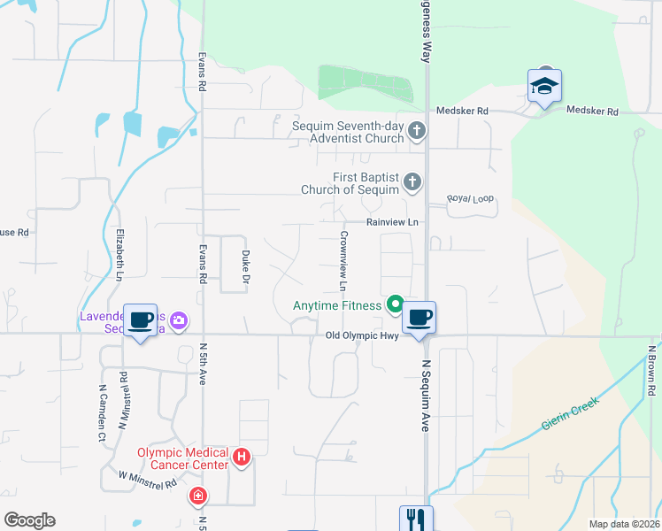 map of restaurants, bars, coffee shops, grocery stores, and more near 50 Hampton Court in Sequim