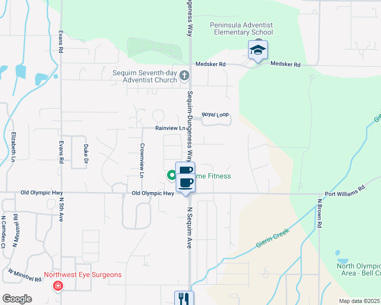 map of restaurants, bars, coffee shops, grocery stores, and more near Sequim-Dungeness Way in Sequim